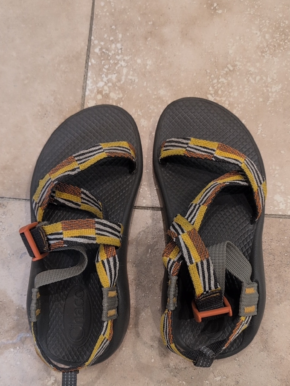 Chaco Kids Black Sandals with Yellow, Brown and Cream Striped Straps